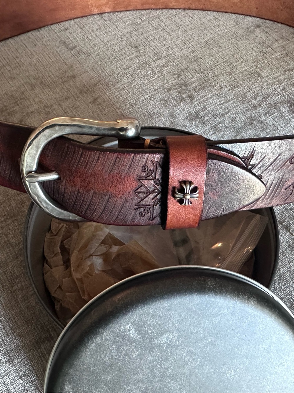 Men's Distressed Brown pure Leather Belt with Decorative Buckle